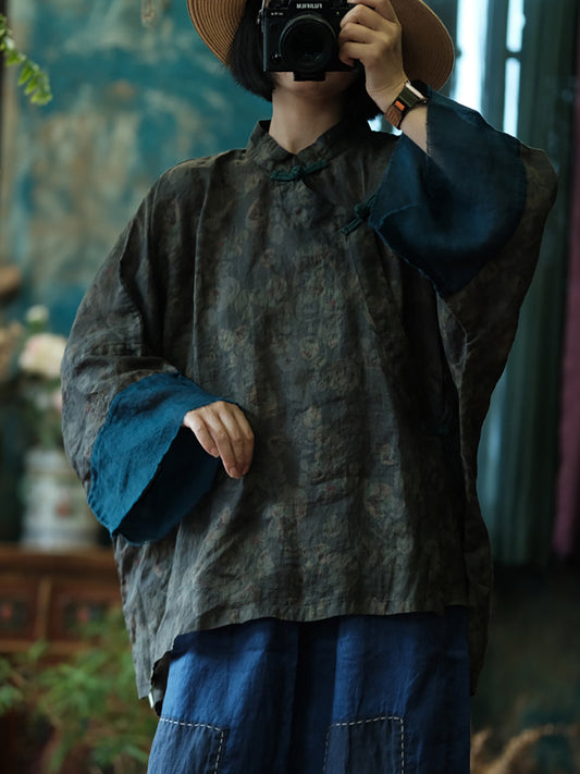 Women Spring Ethnic Stand Collar Flower Linen Shirt