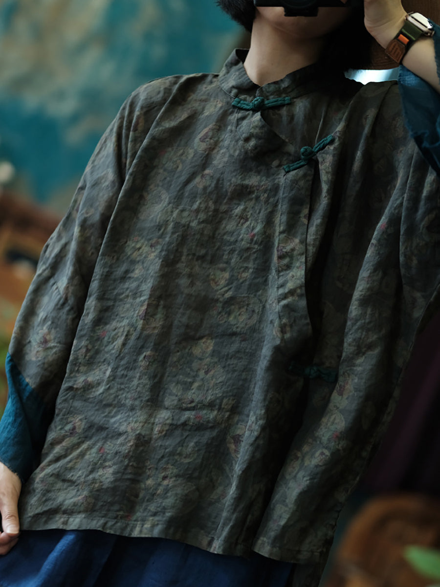 Women Spring Ethnic Stand Collar Flower Linen Shirt