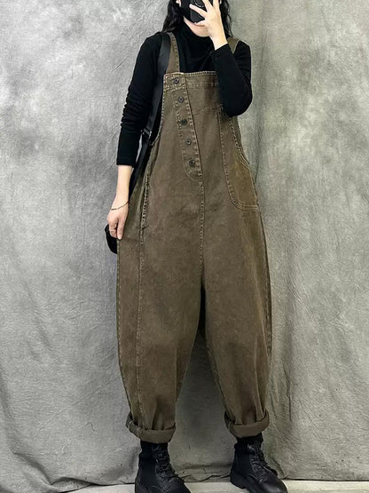 Plus Size Women Spring Retro Pure Color Loose Jumpsuits