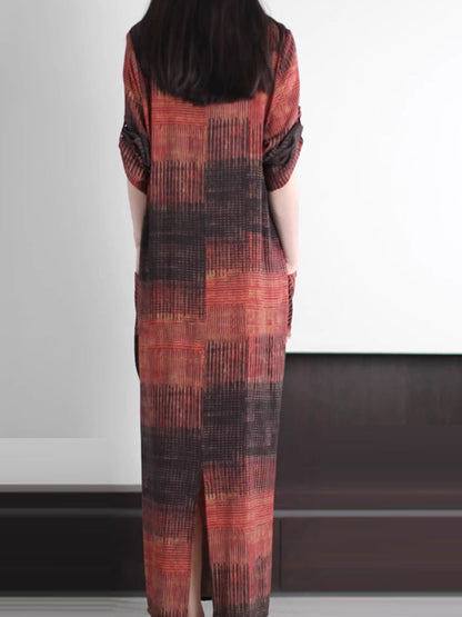 Women Spring Vintage V-Neck X-Shape Loose Dress