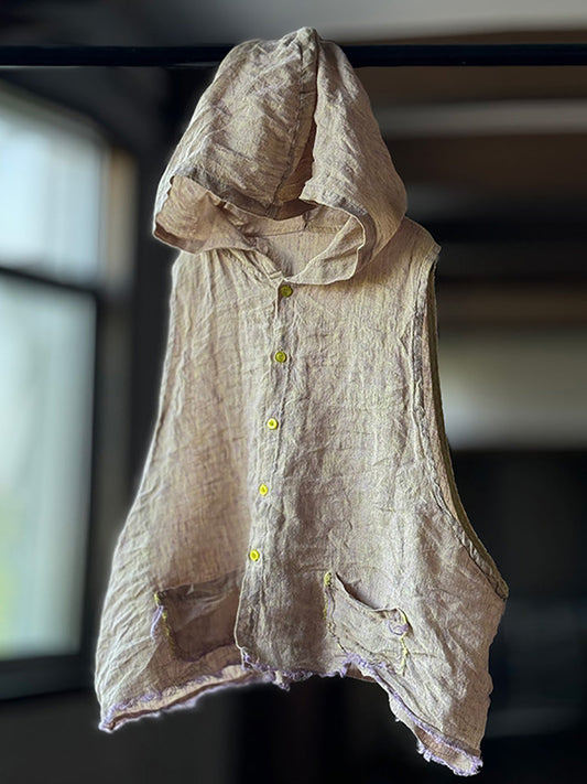 Plus Size Women Summer Vintage Pure Color Hooded Vest