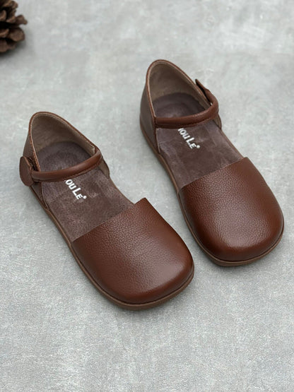 Women Spring Pure Color Genuine Leather Flat Shoes