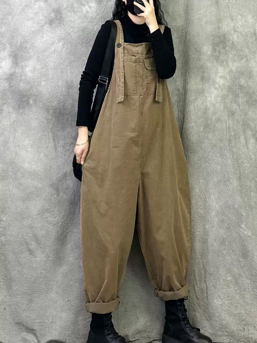 Plus Size Women Spring Casual Pure Color Loose Jumpsuits
