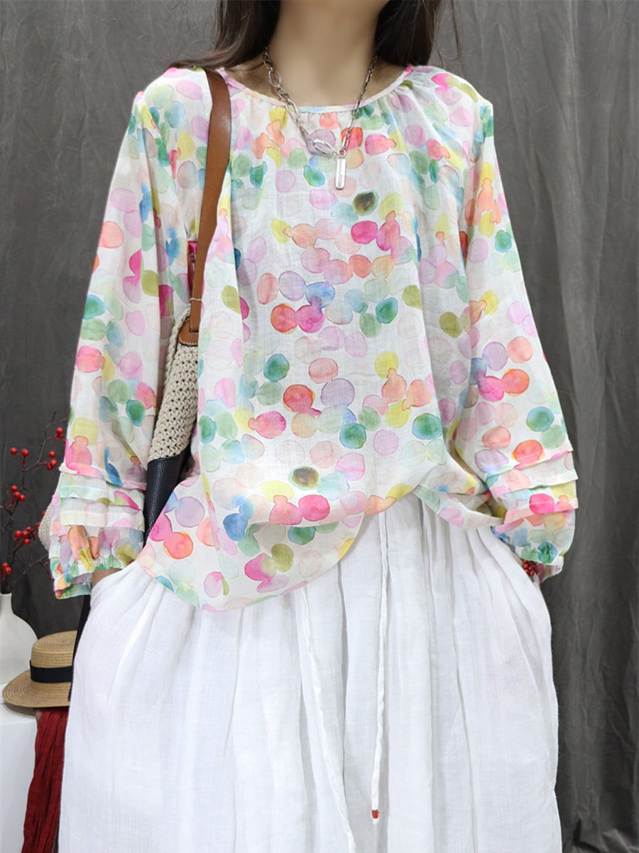 Women Artsy Summer Floral 100%Ramie O-Neck Shirt