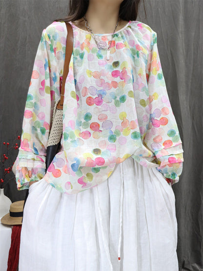 Women Artsy Summer Floral 100%Ramie O-Neck Shirt