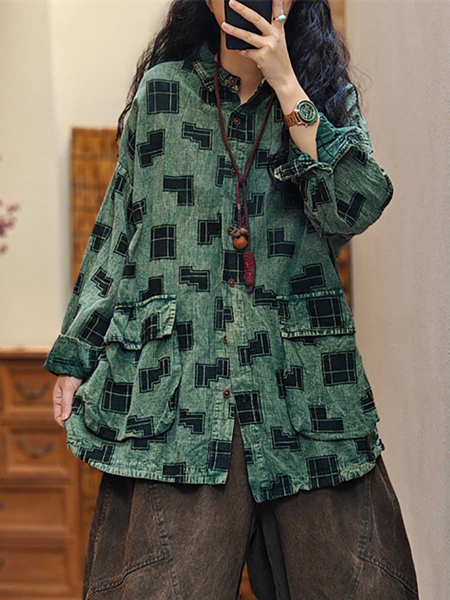 Women Spring Vintage Irregular Geometric Print Shirt
