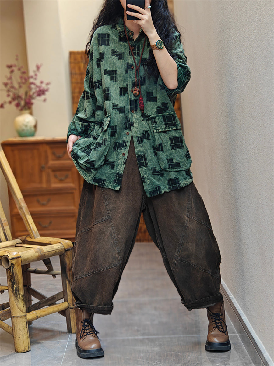 Women Spring Vintage Irregular Geometric Print Shirt