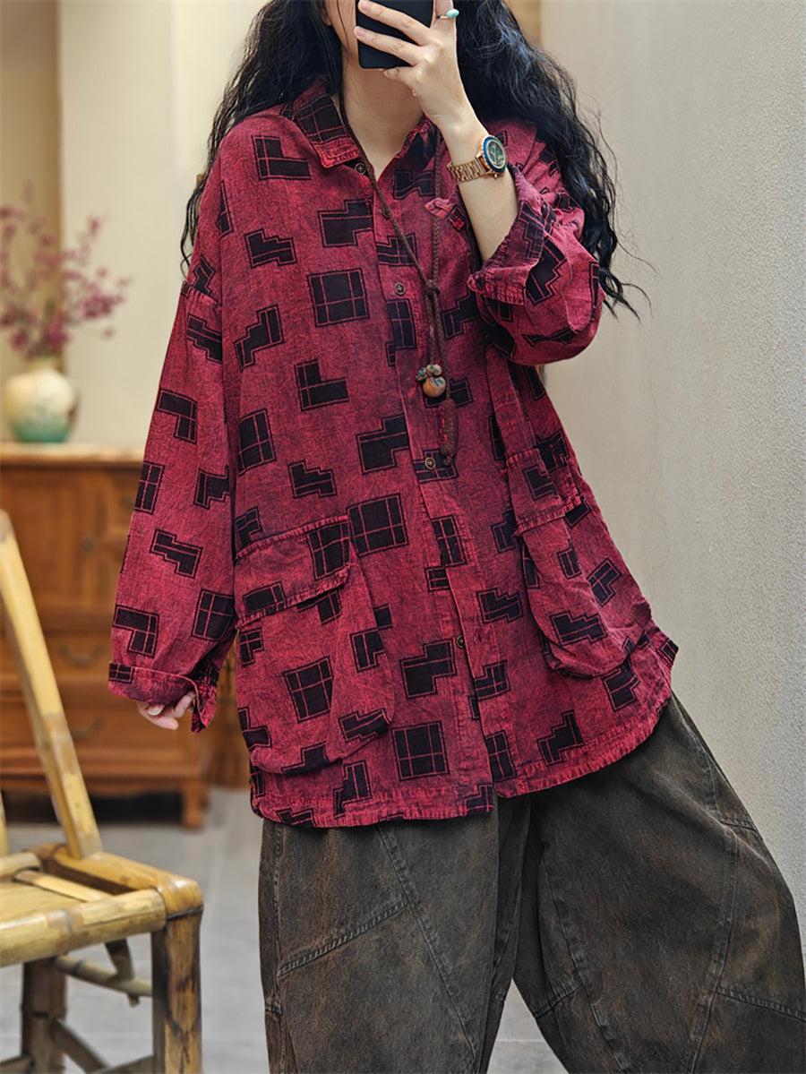 Women Spring Vintage Irregular Geometric Print Shirt