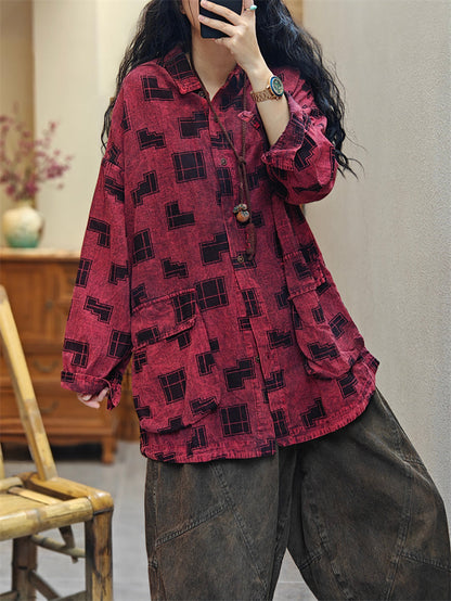 Women Spring Vintage Irregular Geometric Print Shirt