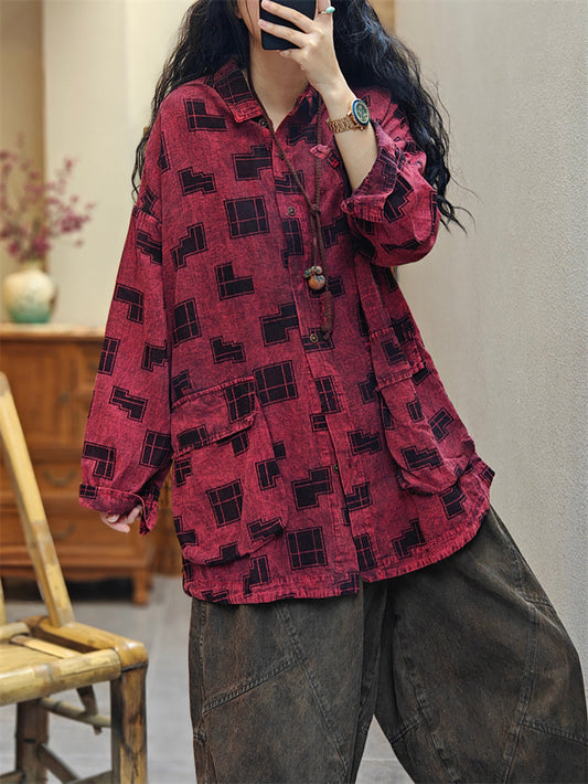 Women Spring Vintage Irregular Geometric Print Shirt
