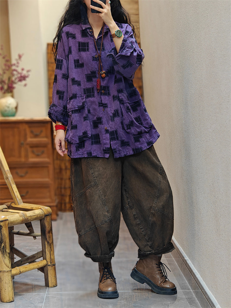 Women Spring Vintage Irregular Geometric Print Shirt