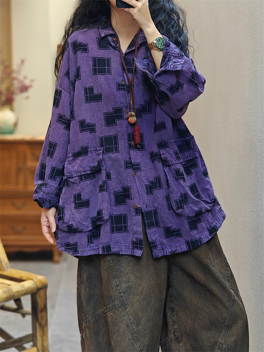 Women Spring Vintage Irregular Geometric Print Shirt