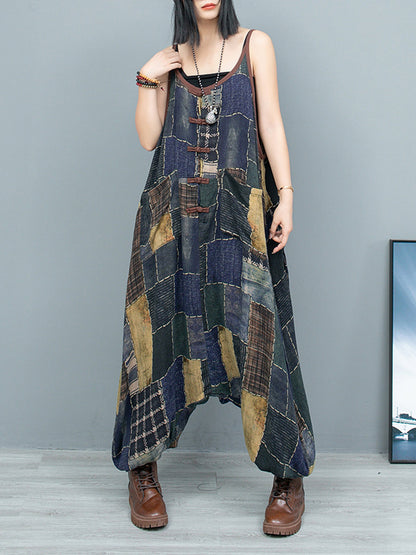 Plus Size Women Spring Vintage Flower Loose Jumpsuits