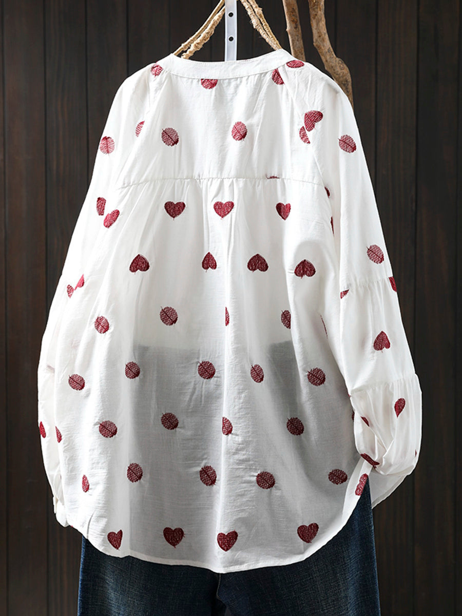 Women Artsy Heart Dot Embroidery Shirt