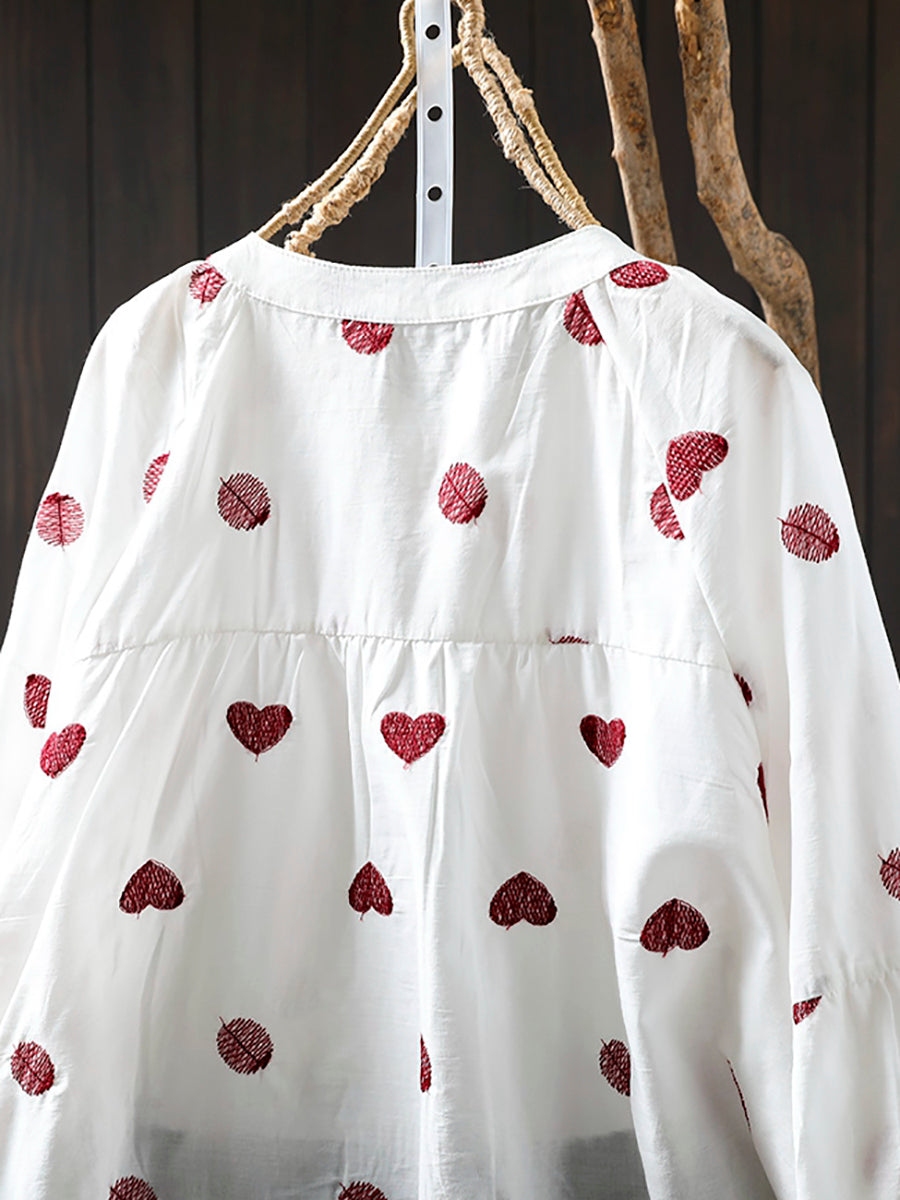 Women Artsy Heart Dot Embroidery Shirt