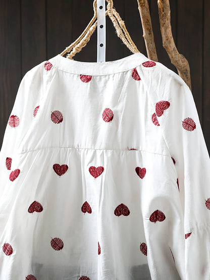 Women Artsy Heart Dot Embroidery Shirt