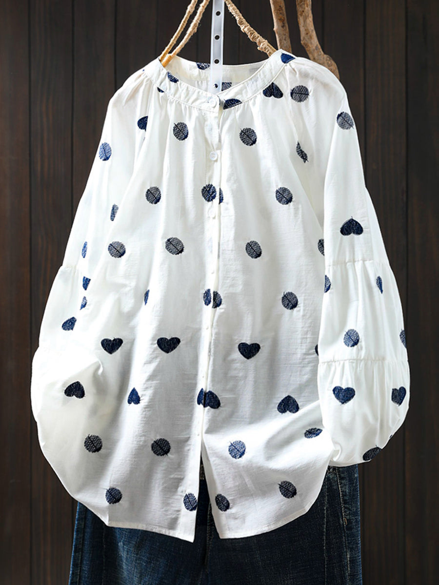 Women Artsy Heart Dot Embroidery Shirt