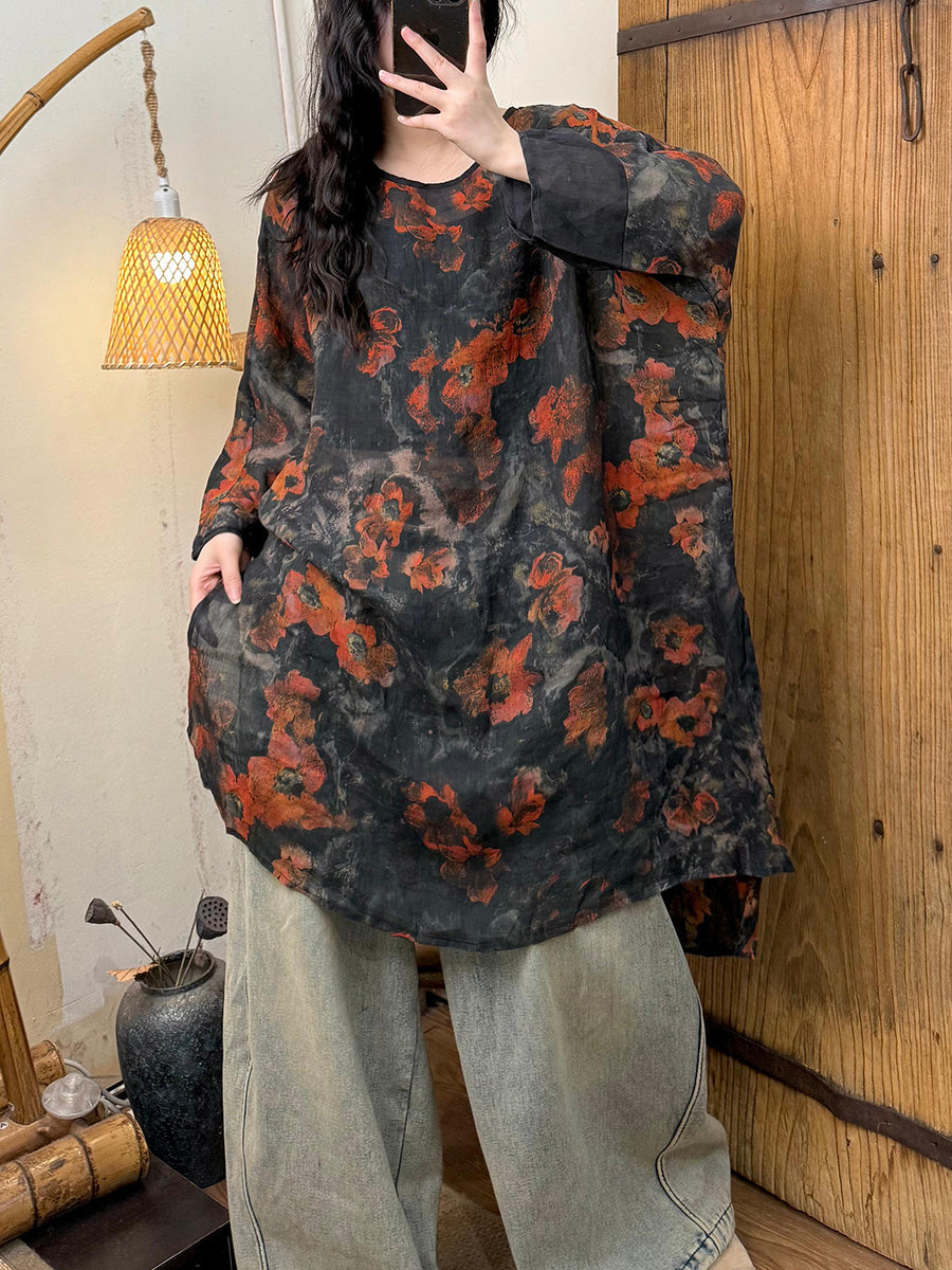 Plus Size Women Spring Artsy O-Neck Flower Ramie Shirt