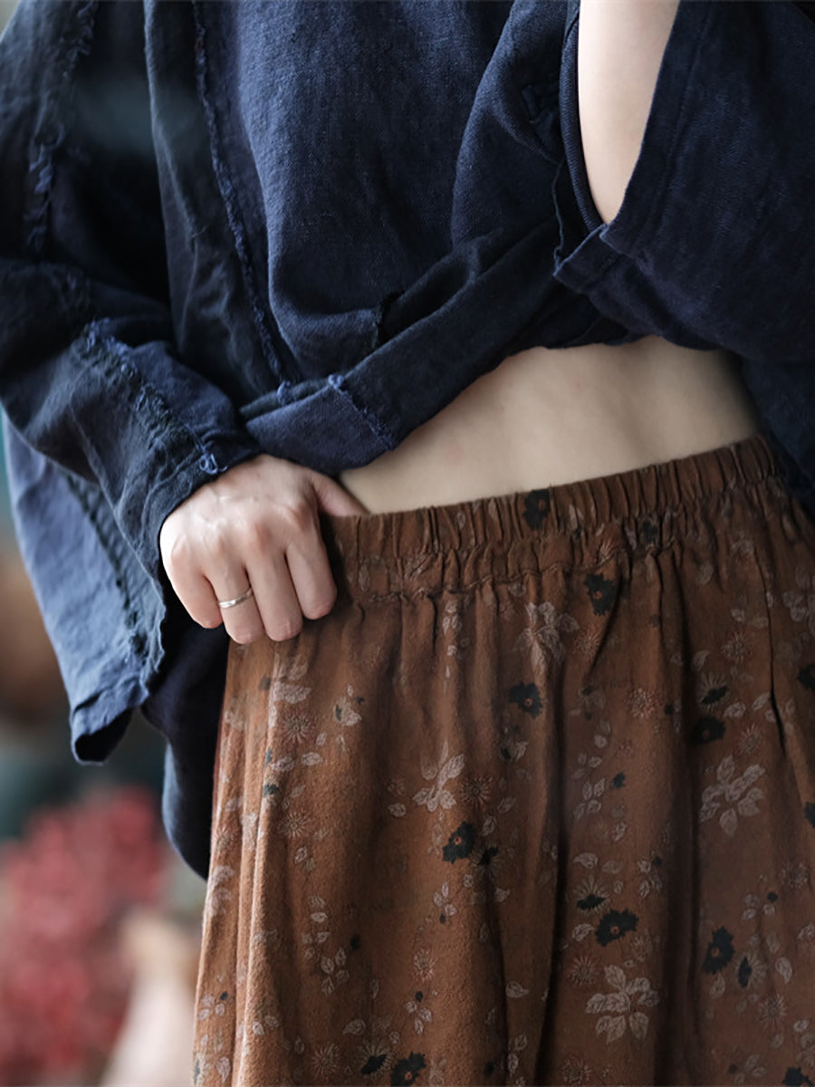 Women Spring Retro Floral Cotton Spliced Skirt