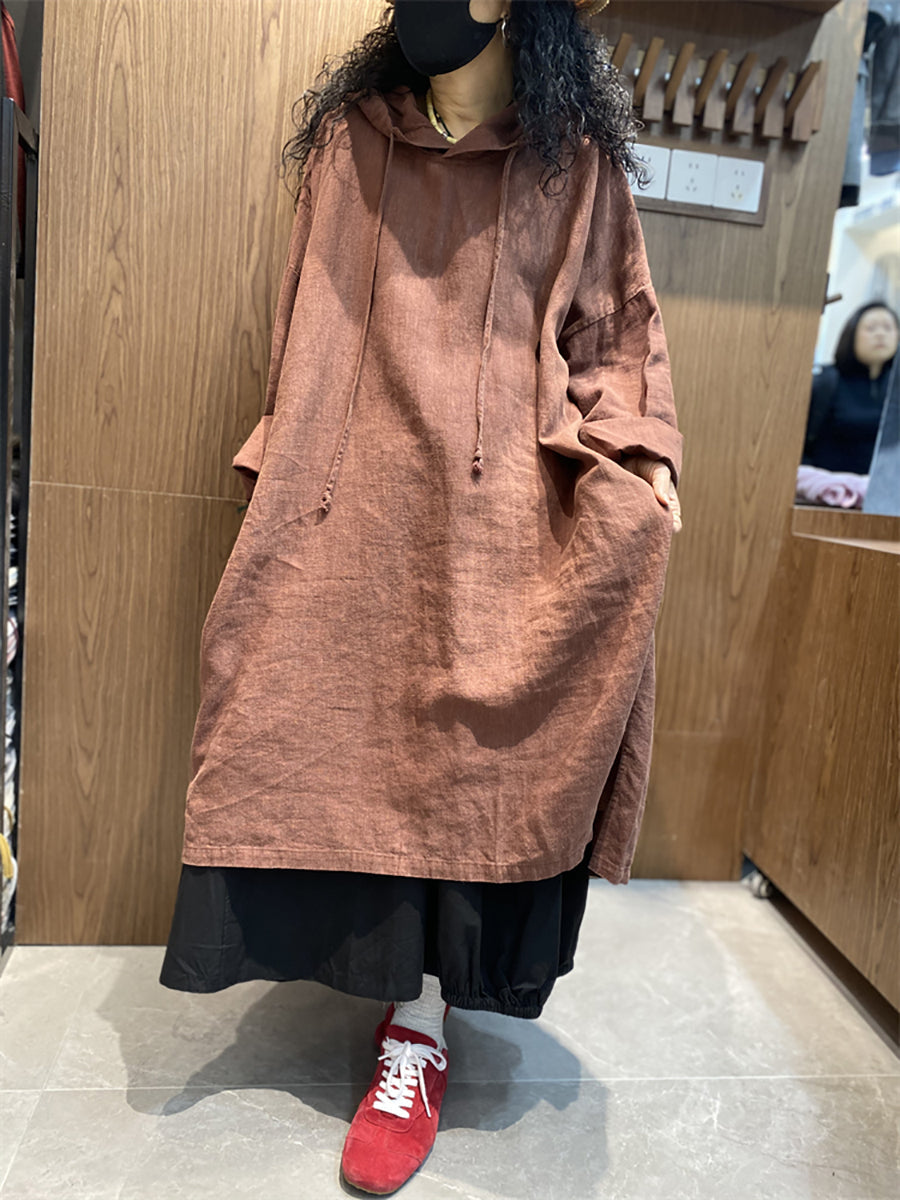 Plus Size Women Spring Casual Pure Color Loose Hooded Dress