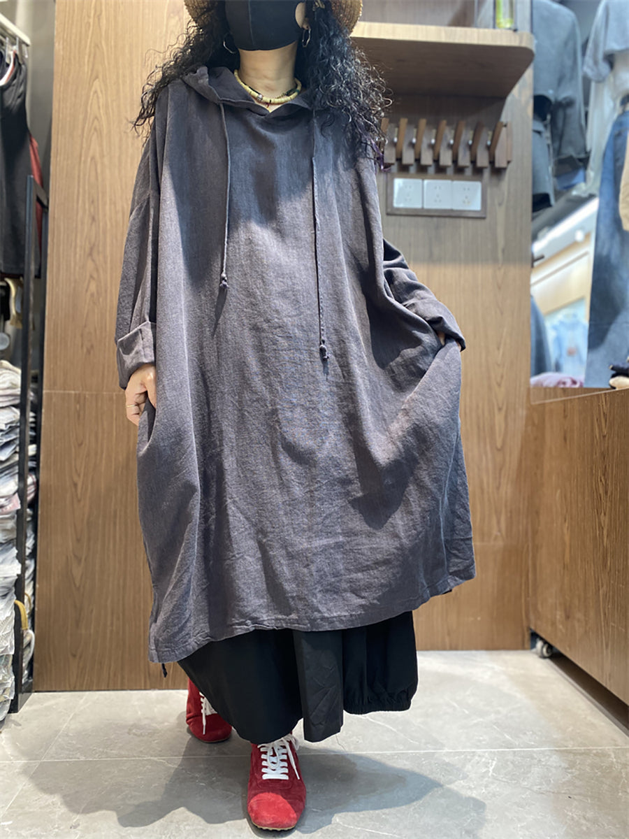 Plus Size Women Spring Casual Pure Color Loose Hooded Dress