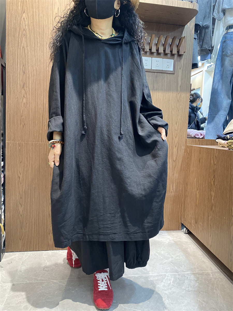 Plus Size Women Spring Casual Pure Color Loose Hooded Dress