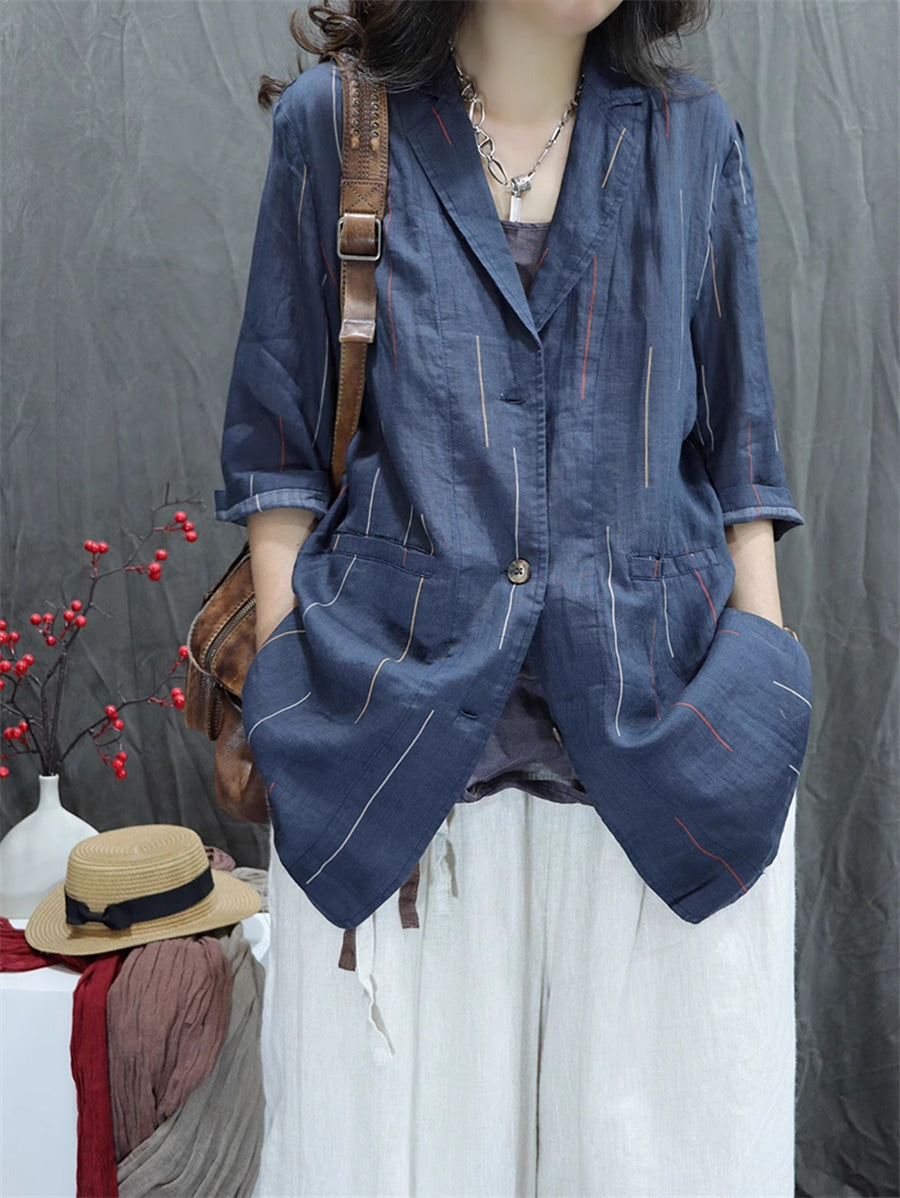 Plus Size Women Summer Vintage Flower Lapel 100%Ramie Shirt