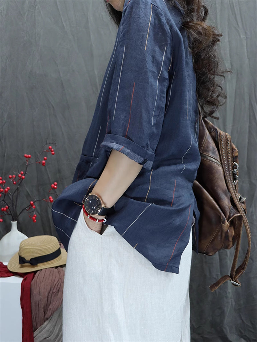 Plus Size Women Summer Vintage Flower Lapel 100%Ramie Shirt