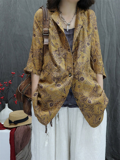 Plus Size Women Summer Vintage Flower Lapel 100%Ramie Shirt