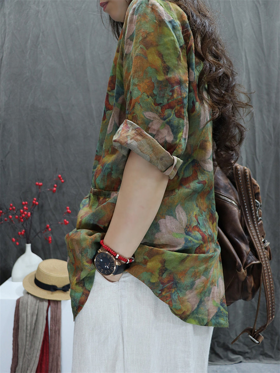 Plus Size Women Summer Vintage Flower Lapel 100%Ramie Shirt