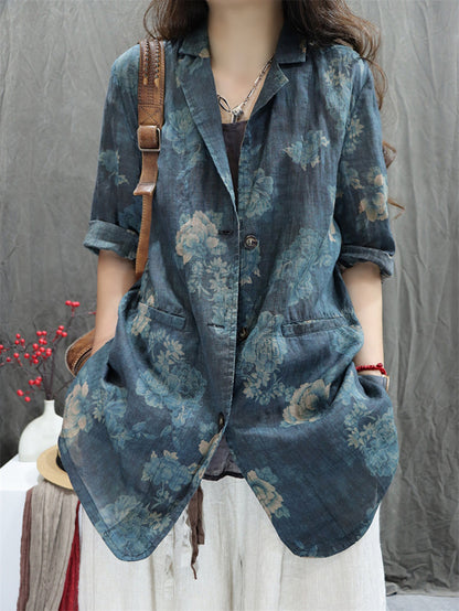 Plus Size Women Summer Vintage Flower Lapel 100%Ramie Shirt