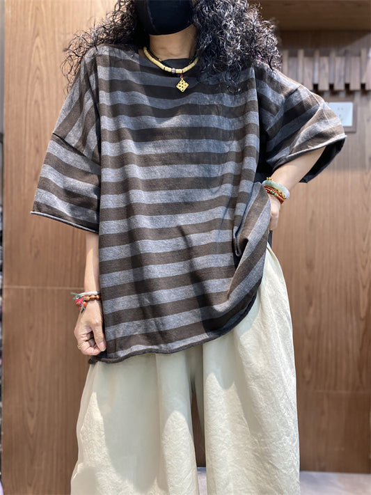 Plus size Women Summer Stripe Colorblock O-Neck Shirt