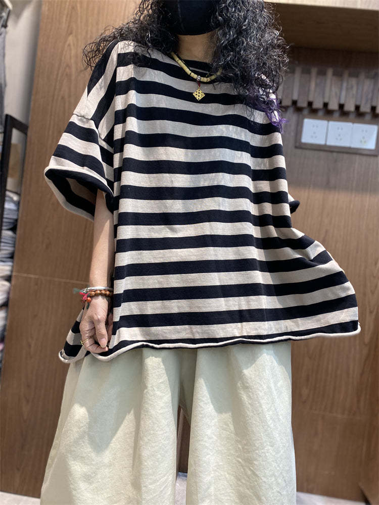 Plus size Women Summer Stripe Colorblock O-Neck Shirt