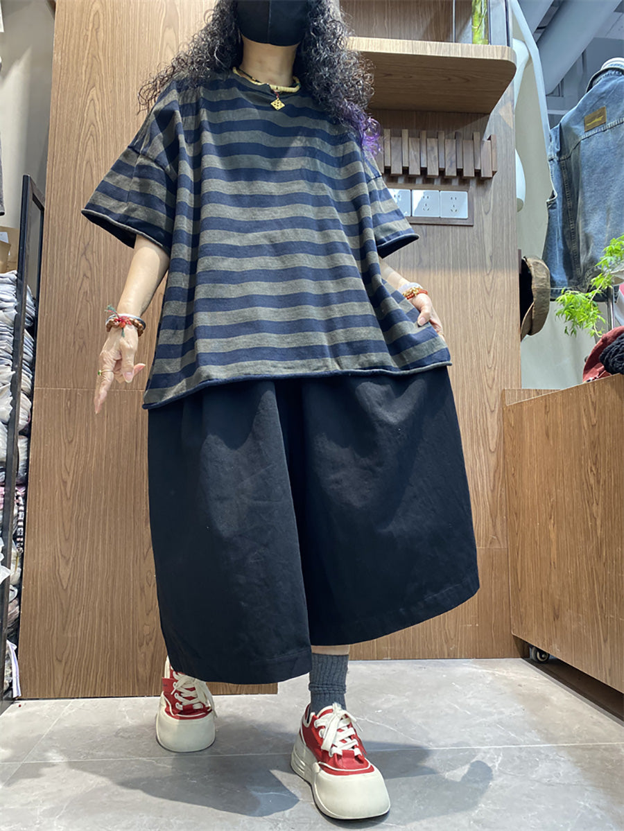 Plus size Women Summer Stripe Colorblock O-Neck Shirt