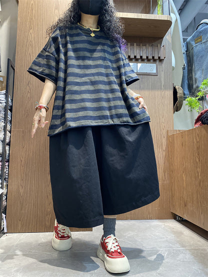 Plus size Women Summer Stripe Colorblock O-Neck Shirt