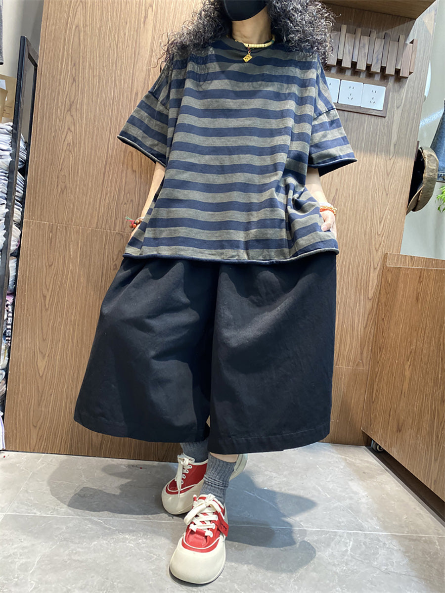 Plus size Women Summer Stripe Colorblock O-Neck Shirt