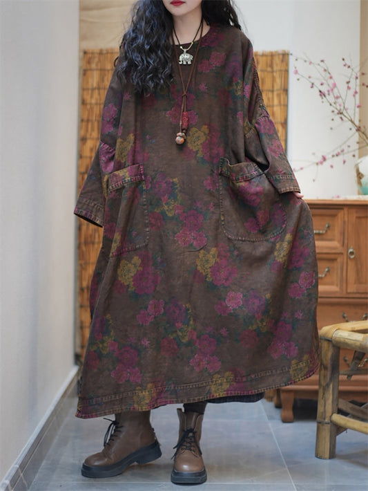 Plus Size Women Spring Retro Flower O-Neck Maxi Dress