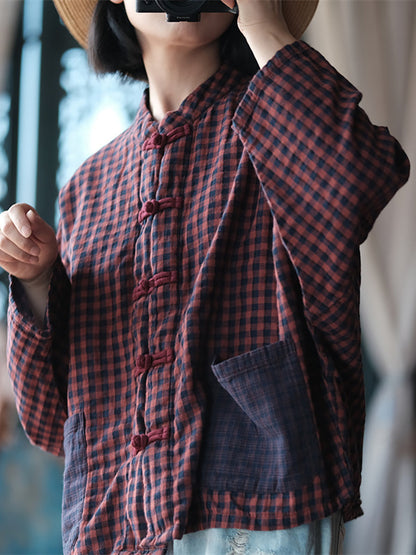 Women Spring Retro Plaid Colorblock Cotton Stand Collar Shirt