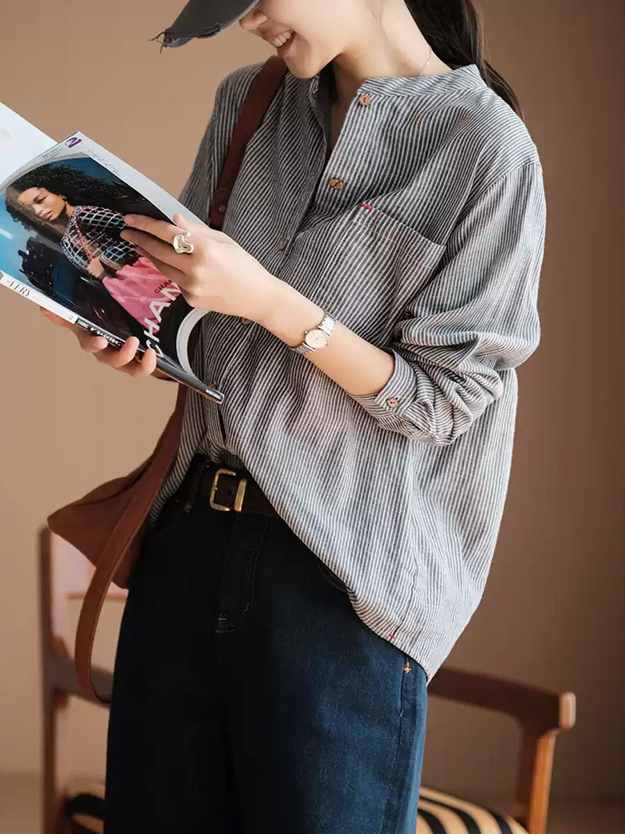 Plus Size Women Summer Vintage Stripe 100%Cotton Stand Collar Shirt