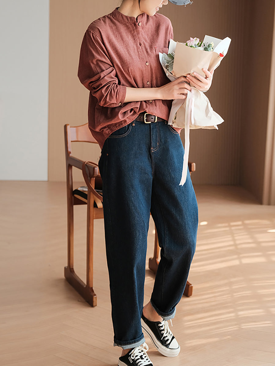 Plus Size Women Summer Vintage Stripe 100%Cotton Stand Collar Shirt