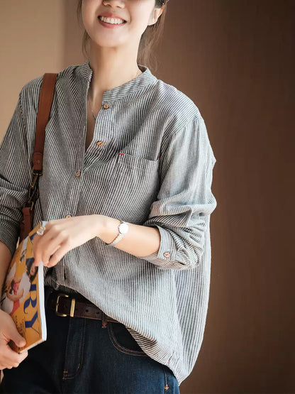 Plus Size Women Summer Vintage Stripe 100%Cotton Stand Collar Shirt