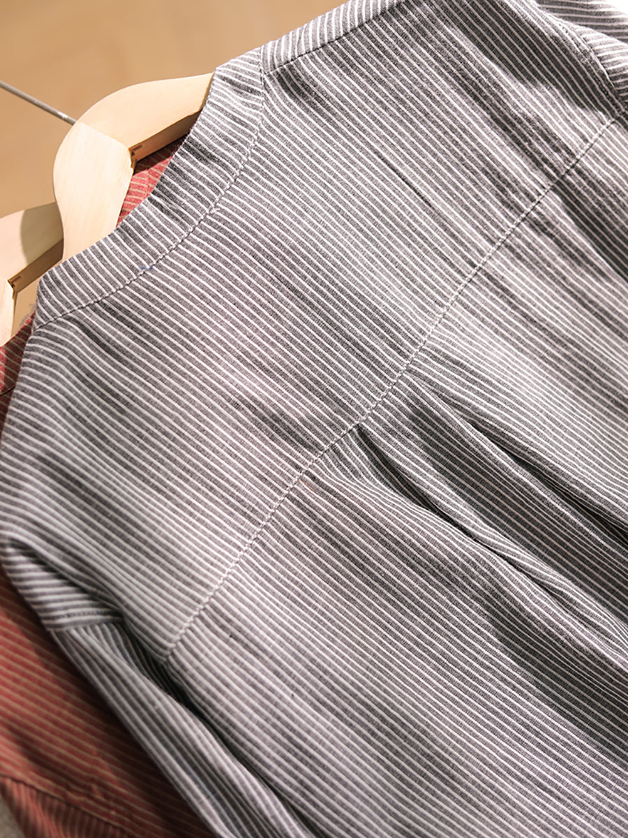 Plus Size Women Summer Vintage Stripe 100%Cotton Stand Collar Shirt