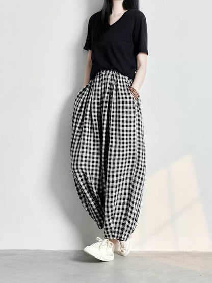 Plus Size Women Spring Casual Plaid Loose Linen Harem Pants
