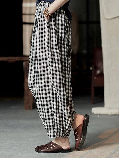Plus Size Women Spring Casual Plaid Loose Linen Harem Pants