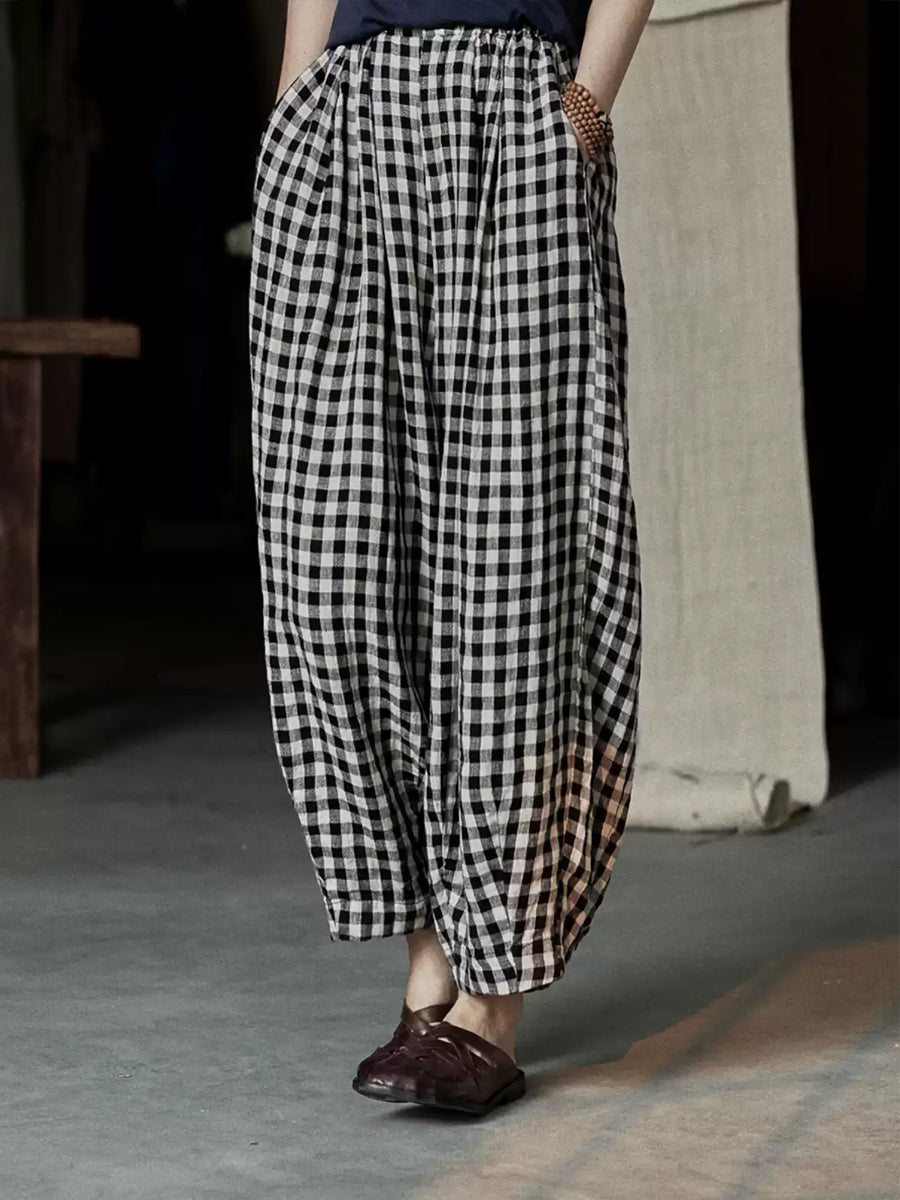 Plus Size Women Spring Casual Plaid Loose Linen Harem Pants