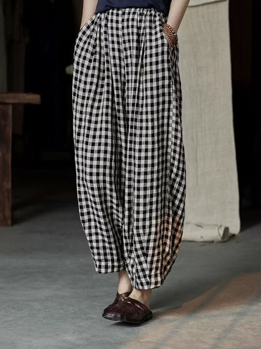 Plus Size Women Spring Casual Plaid Loose Linen Harem Pants