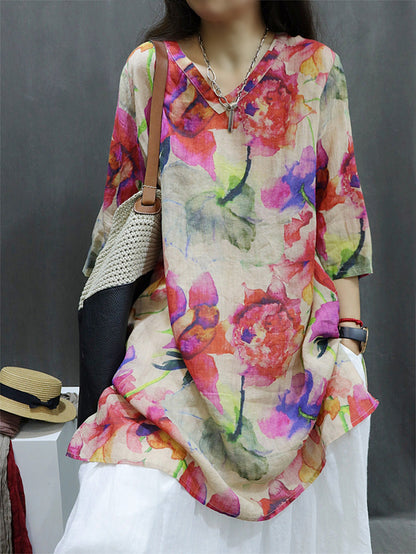 Plus Size Women Spring Vintage Flower V-Neck 100%Ramie Shirt