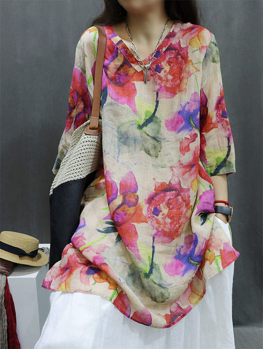 Plus Size Women Spring Vintage Flower V-Neck 100%Ramie Shirt