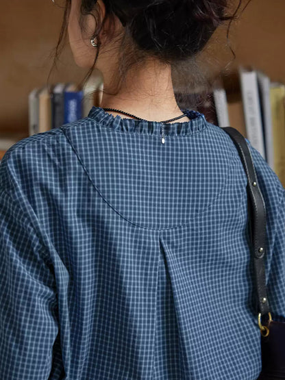 Plus Size Women Spring Plaid V-Neck 100%Cotton Shirt