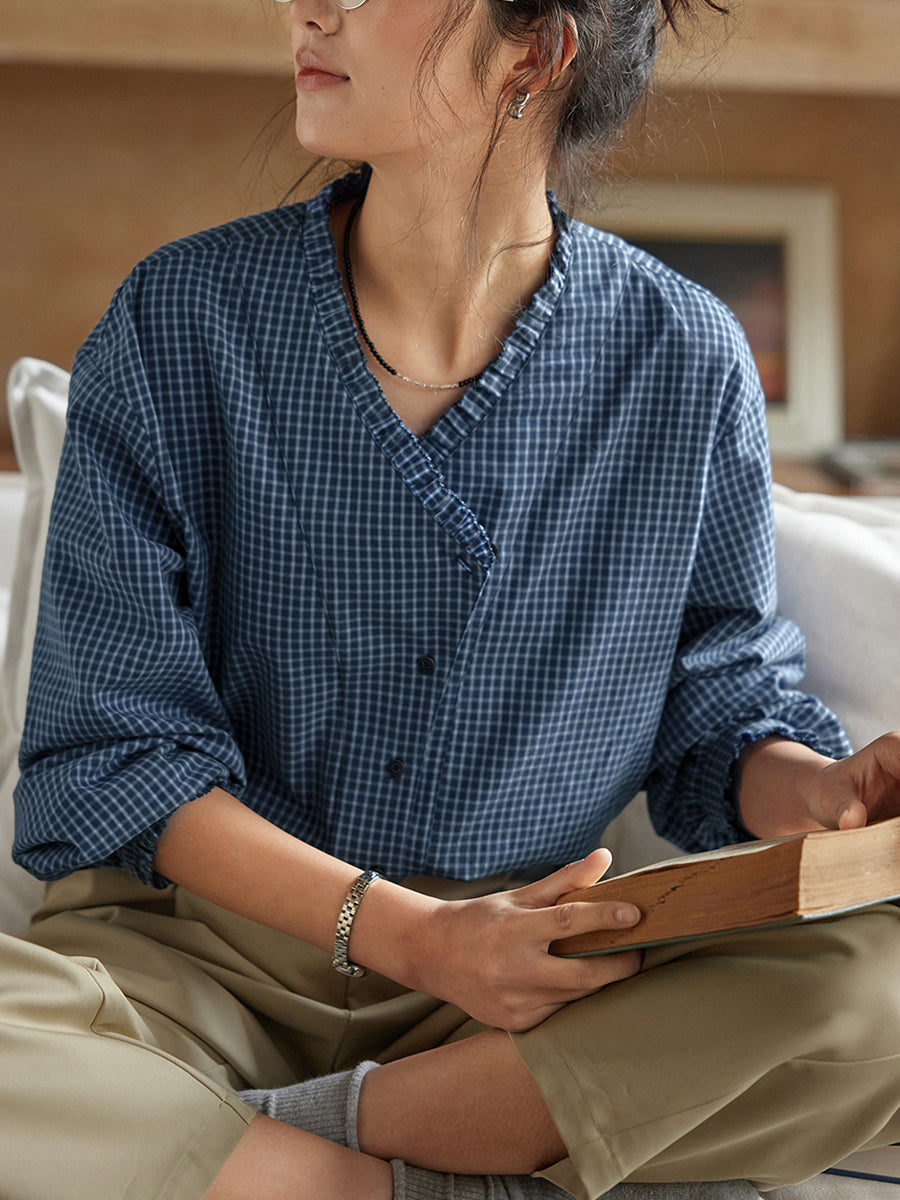 Plus Size Women Spring Plaid V-Neck 100%Cotton Shirt